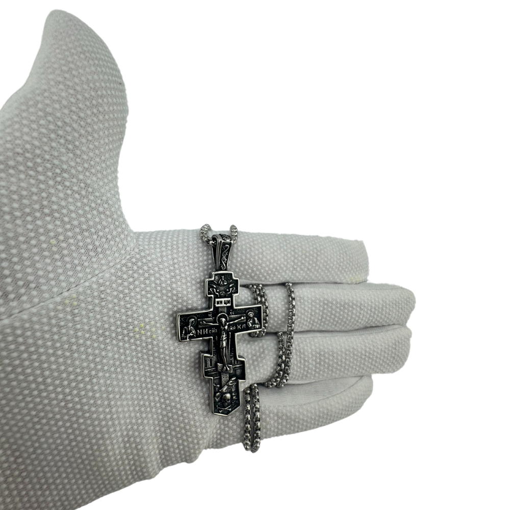 Divine Glitter: Stainless Steel Orthodox Cross Pendant with Chain Divine Glitter: Stainless Steel Orthodox Cross Pendant with Chain